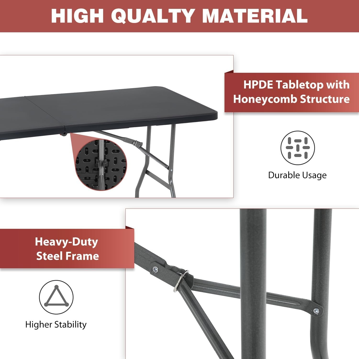 6 Foot Fold-in-Half Adjustable Premium Folding Table, Built-in Handle, Black