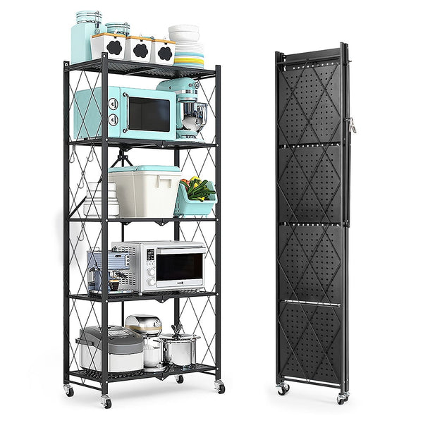 5-Shelf Storage Shelving Units, Heavy Duty Metal Shelf on Wheels, Organize Your Space Efficiently with Collapsible Shelving, Perfect for Kitchen and Closet Storage, Black