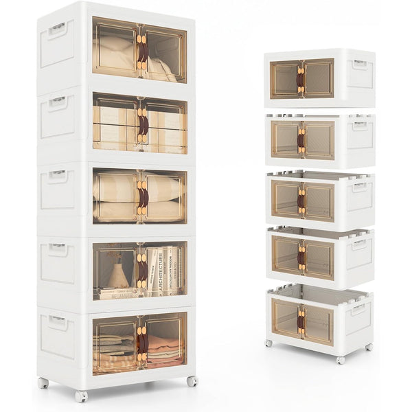 5 Tier Stackable Plastic Storage Bins with Lid and Wheels - 23 QT Closet Organizers and Storage, Foldable Storage Containers, Organization and Storage Boxes for Craft, Home, Pantry, Office, Dorm