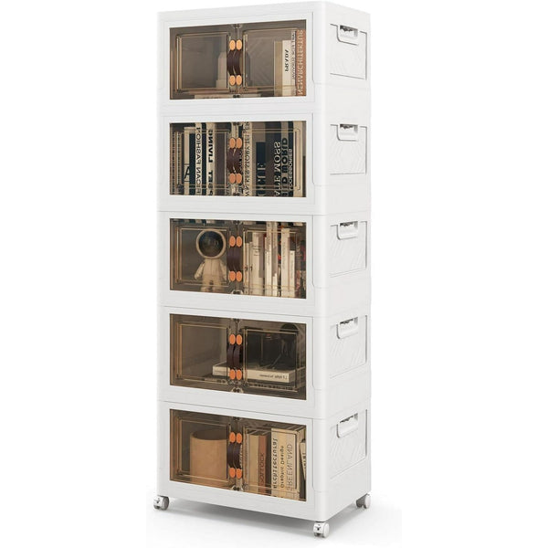 5 Tier Stackable Plastic Storage Bins with Lids 23QT, Collapsible Closet Organizers and Storage with Wheels, Foldable Organization and Storage Cabinet, Storage Containers for Home