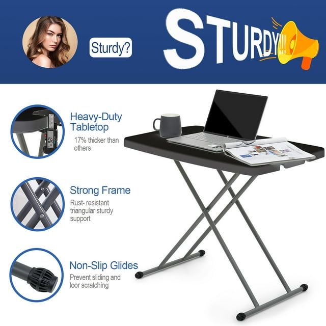 Portable TV Tray Table - Small Folding Table for Camping & Dining - Adjustable Height, Easy Fold, Lightweight - Indoor/Outdoor, 30 Inch, Black