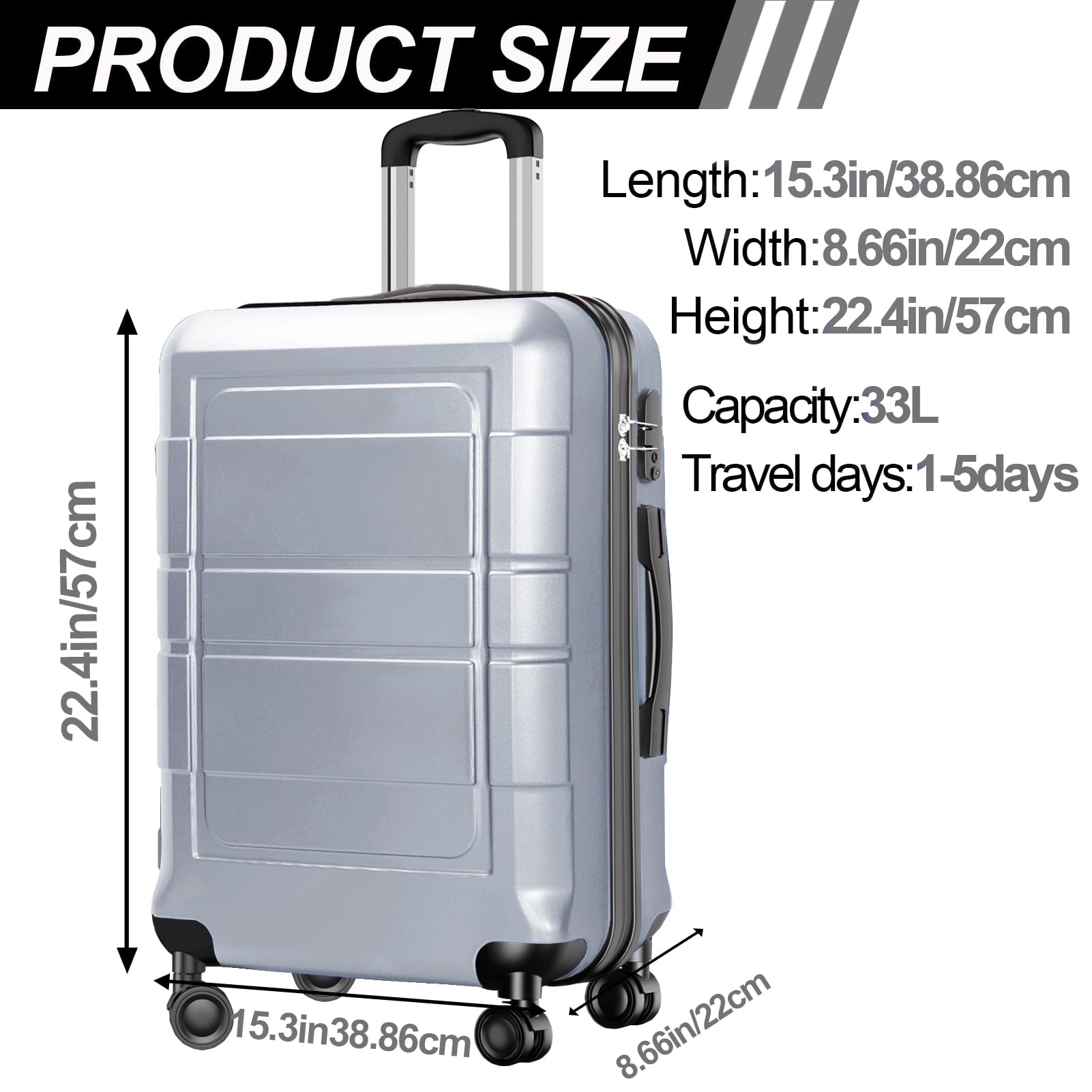 20 Inch Hardside Carry On Luggage, Spinner Wheels, TSA Lock, Durable Suitcase, Silver