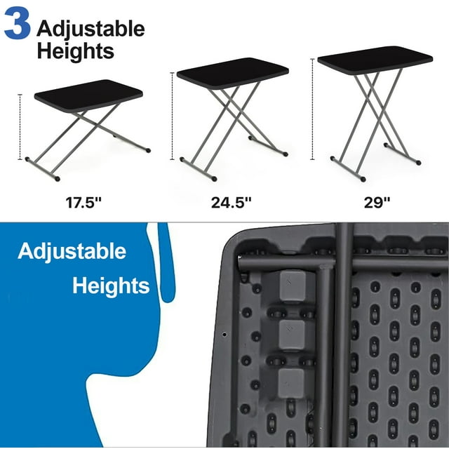 Portable TV Tray Table - Small Folding Table for Camping & Dining - Adjustable Height, Easy Fold, Lightweight - Indoor/Outdoor, 30 Inch, Black