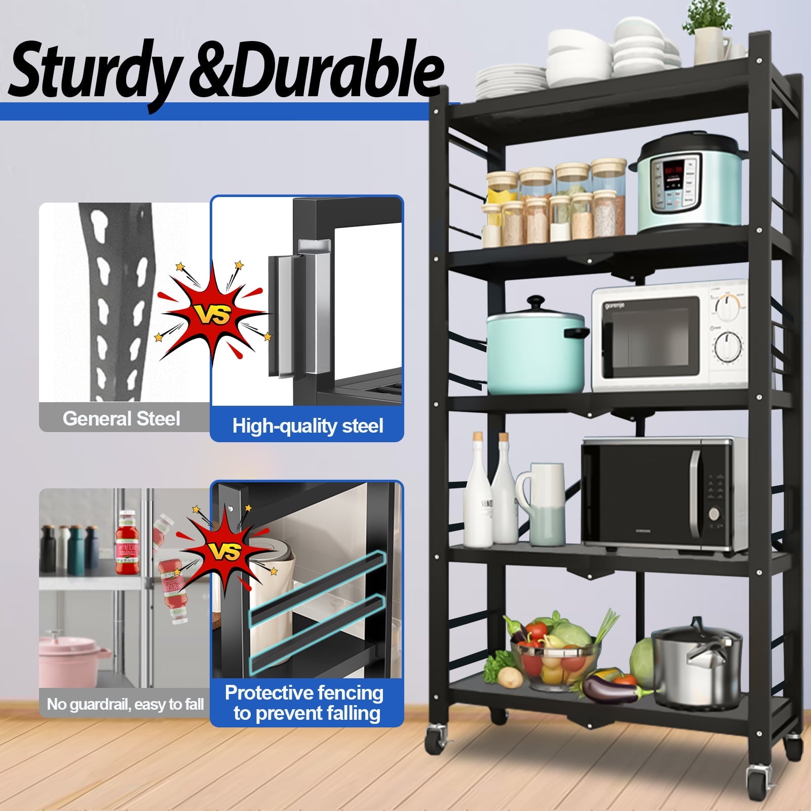 Storage Shelving Units, 4-Tier Metal Storage Shelves Rack with Wheels, Easy to Fold, No Assembly Required, Ideal for Kitchen, Basement, Pantry Organization, Black