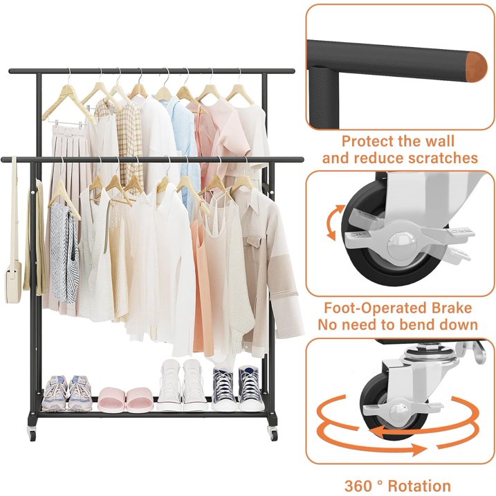 79" Clothes Rack Heavy Duty Load 400Lbs, Rolling Clothing Racks for Hanging Clothes, Commercial Garment Rack, Collapsible ＆ Portable Clothes Rack with Wheels and Adjustable Shelves