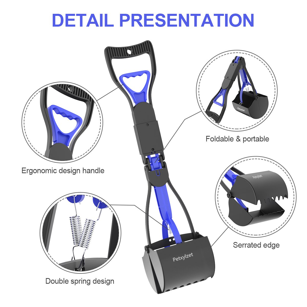 Petxylzet 24" Pooper Scooper Tool for Dogs and Cats , Foldable Pet Pooper Scooper Tool with 6 Roll Waste Bags,Durable Long Handled Poop Pick Up Tool,Great for Lawns, Grass, Dirt, Gravel