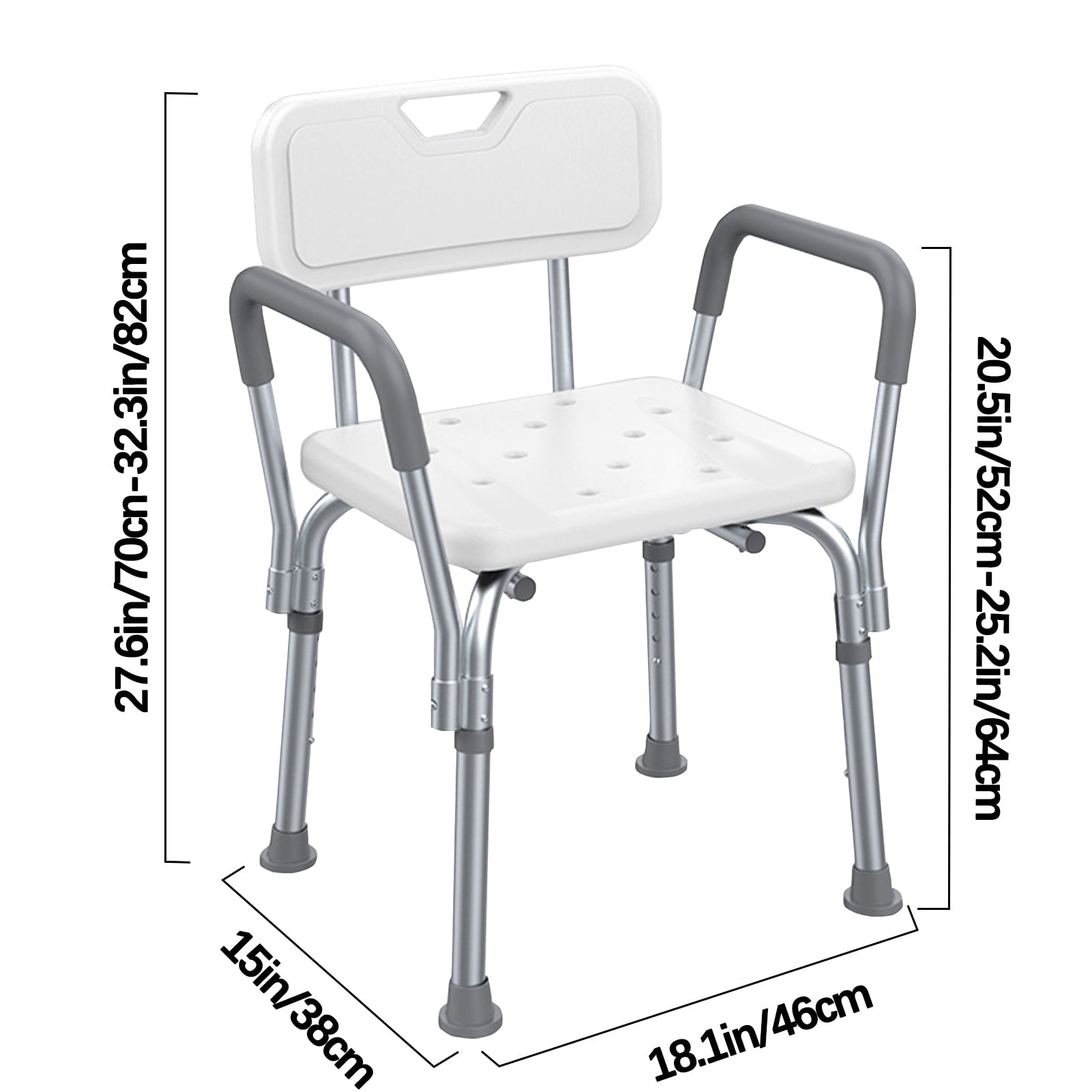 Premium Shower Chair with Back & Padded Arms, Removable Backrest, Supports up to 350 lbs, Adjustable Height Bath Seat for Elderly & Disabled, Slip-Resistant Shower Bench