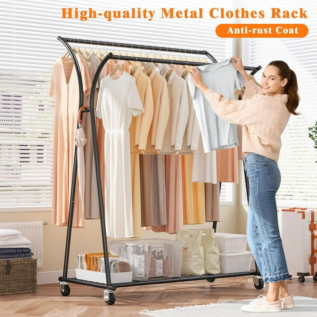 Camkey 59"Clothes Rack Heavy Duty Load 300Lbs, Rolling Clothing Racks for Hanging Clothes, Commercial Garment Rack, Collapsible ＆ Portable Clothes Rack with Wheels and Adjustable Shelves