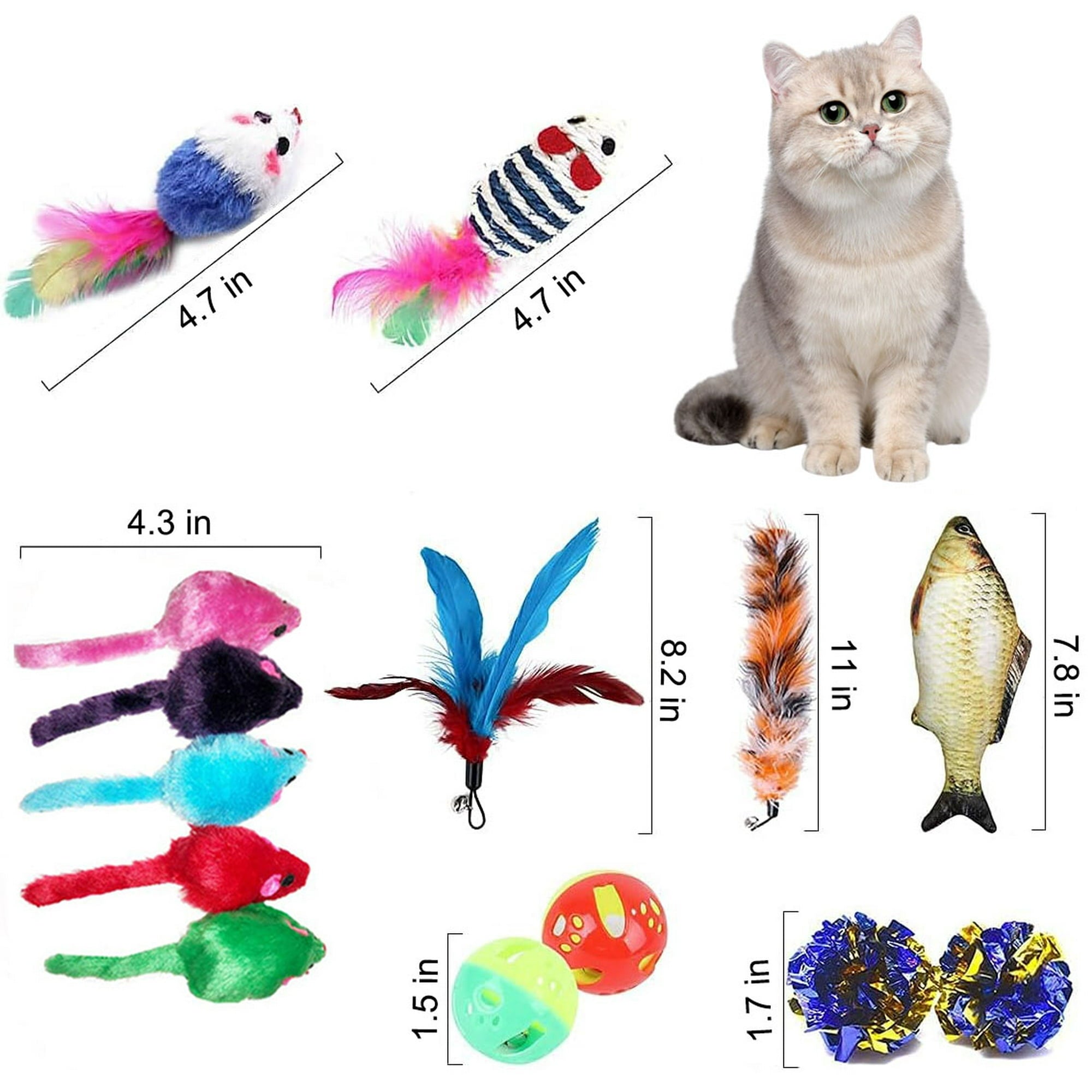 Petimi Cat Toys Set, 15 Pcs of Interactive Toys for Cats, Cat Retractable Teaser Wand, Fluffy Mice, Toy Fish, Bell Ball, Crinkle Balls
