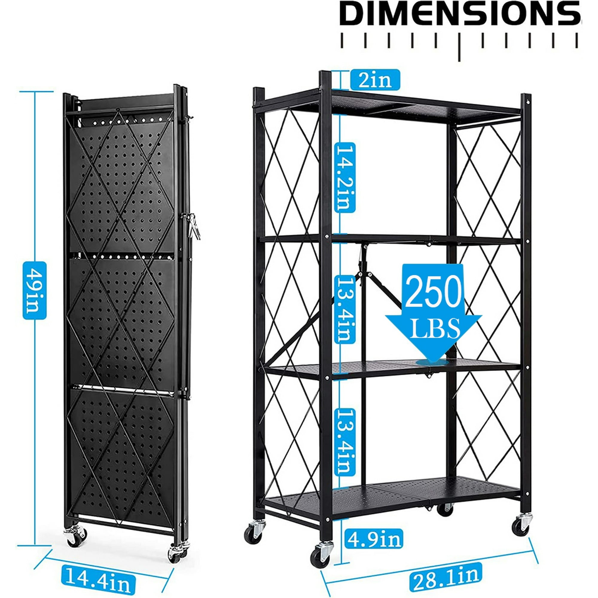 Foldable Storage Shelves, Heavy Duty Metal Shelving Unit for Garage, Kitchen & Basement Organization - 4-Tier Rack with Wheels, Easy Assembly, Black