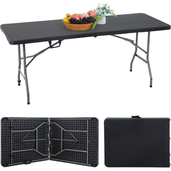6 Foot Fold-in-Half Adjustable Premium Folding Table, Built-in Handle, Black