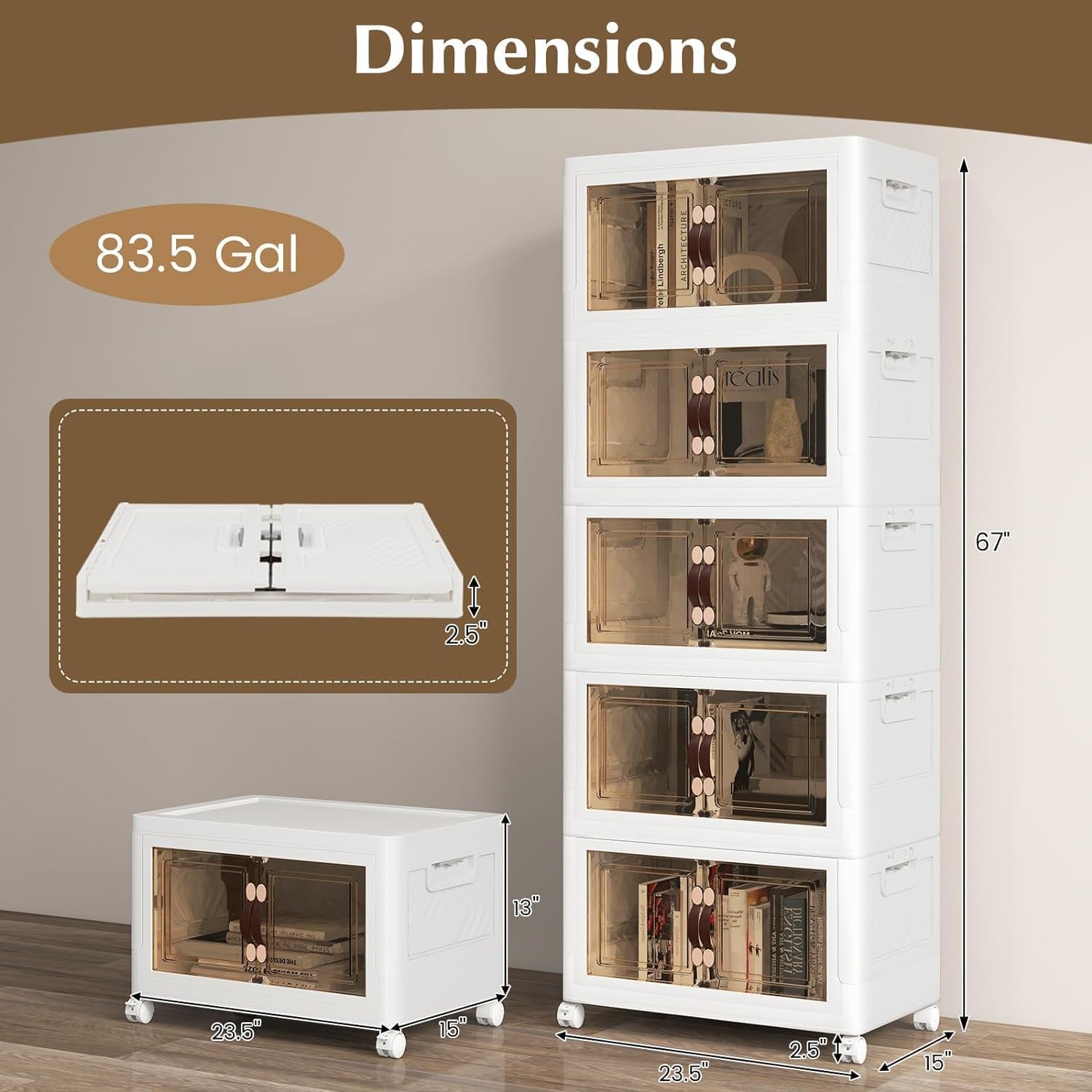 5 Tier Stackable Plastic Storage Bins with Lids 23QT, Collapsible Closet Organizers and Storage with Wheels, Foldable Organization and Storage Cabinet, Storage Containers for Home