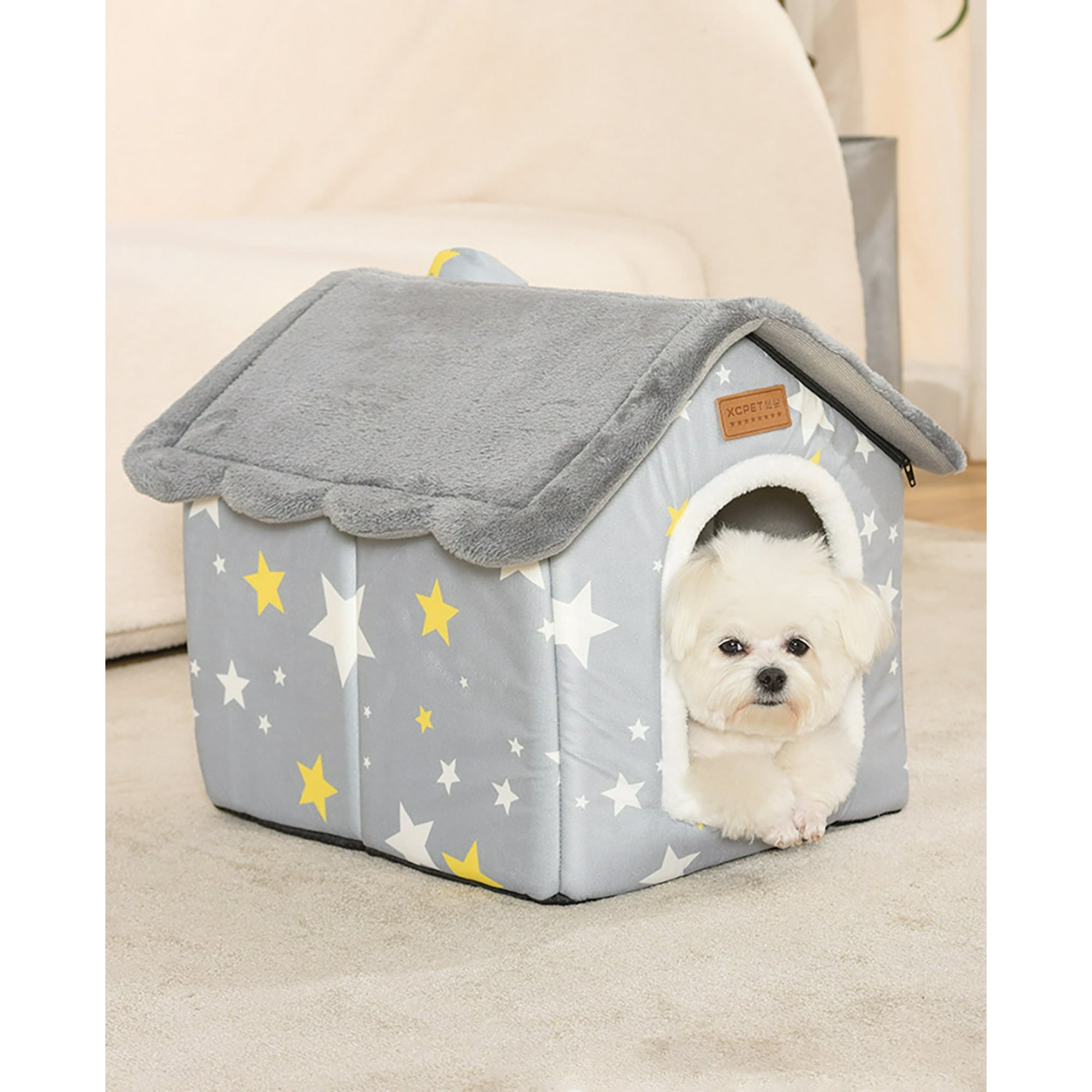 PETIMI Cat House, Foldable Small Dog House, Cozy Indoor/Outdoor Pet House for Cats and Small Dogs with Removable Cushion