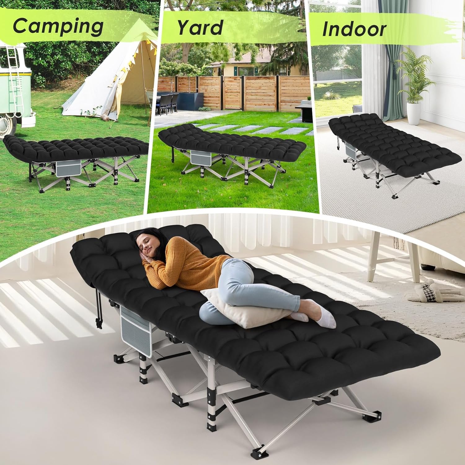 Camping Cot with Carry Bag, Portable Outdoor Folding Chaise Camping Cot for Adult, Heavy Duty Guest Bed with Double Mattress for Travel, Home, Camping, Office, Vacation Nursing