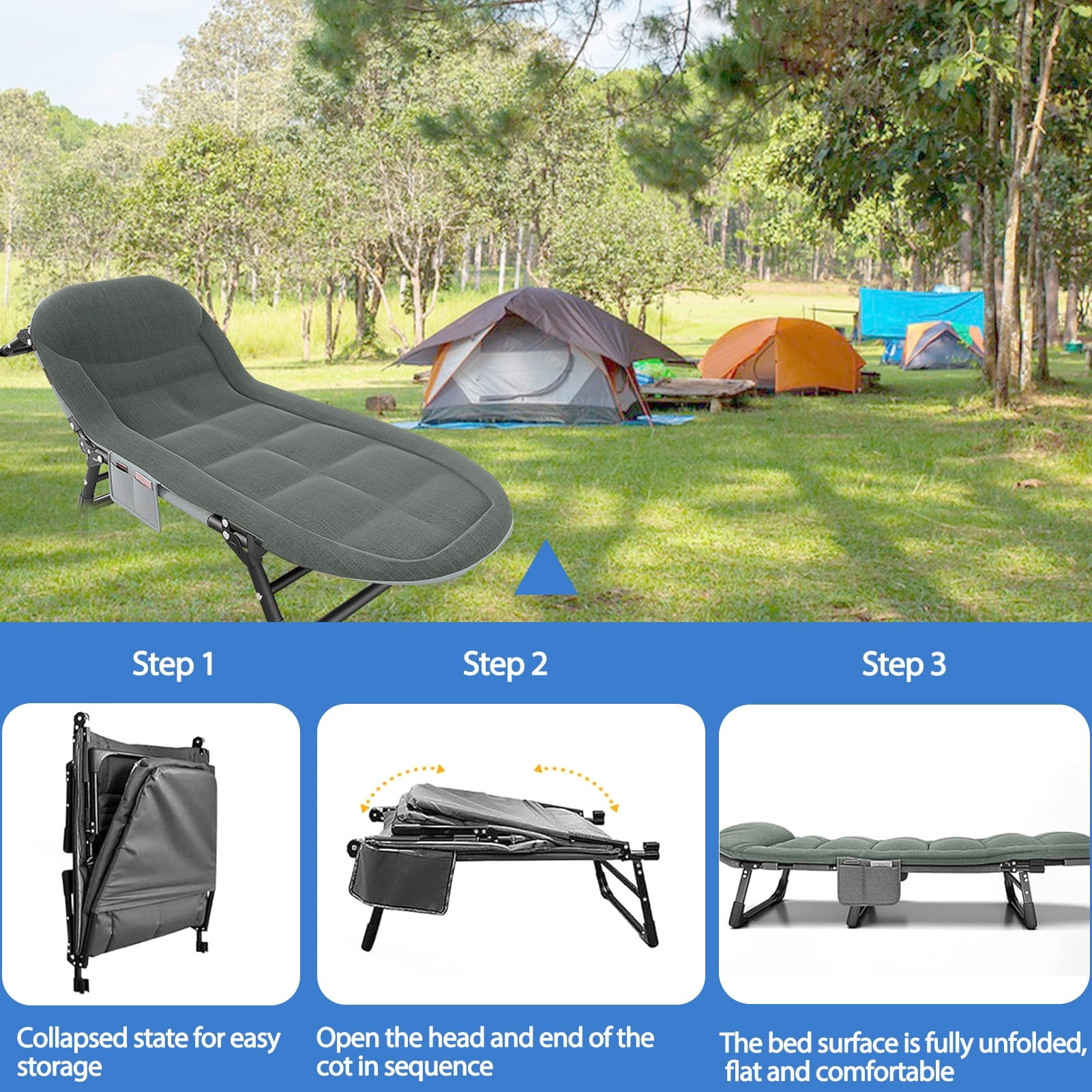 Extra Wide Folding Camping Cot with Thick Mattress, 500LBS Capacity, Heavy Duty Outdoor Bed with Carry Bag Removable Pillow - Perfect for Adults, Home Office Nap, Travel, Beach, and Camping Adventure