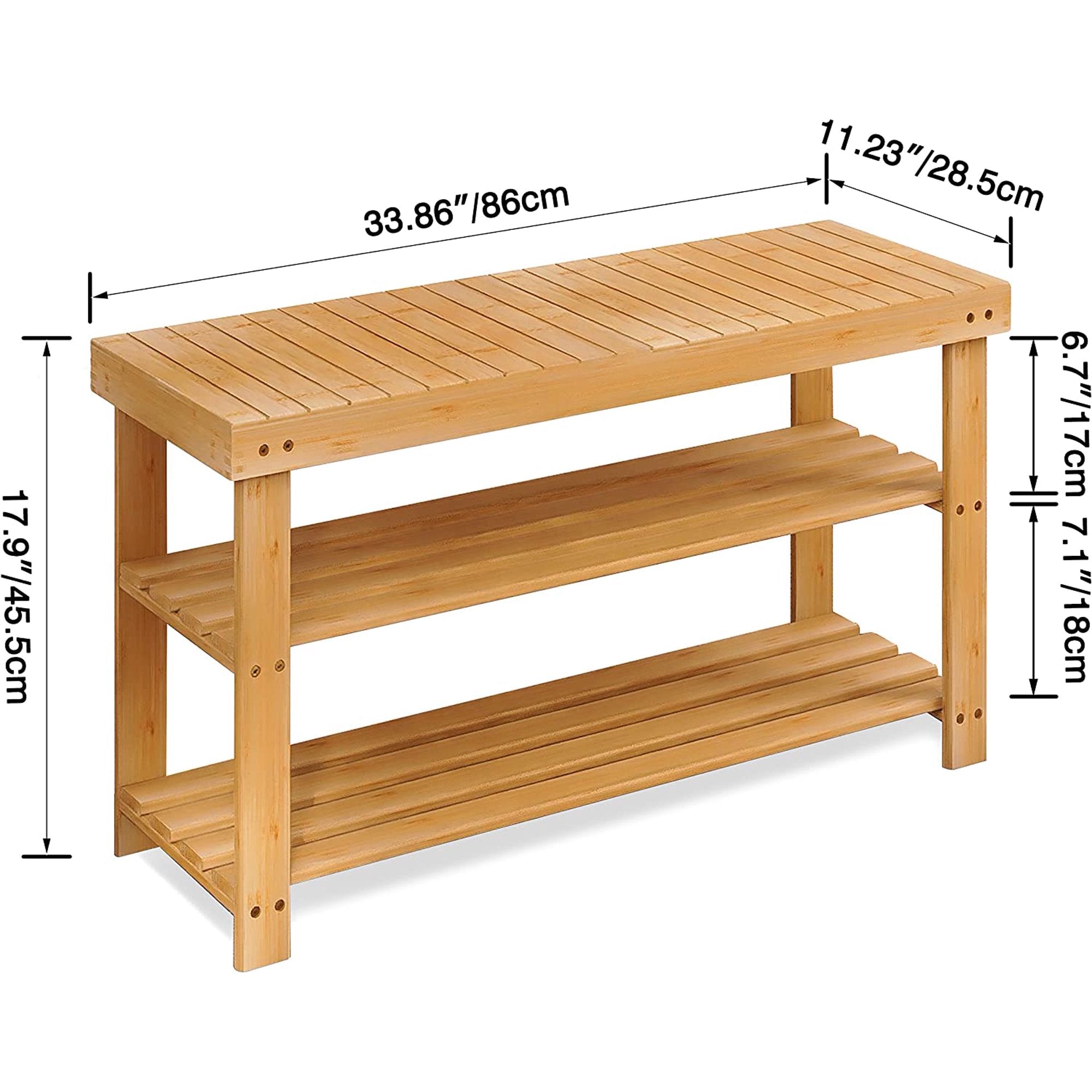 Bamboo Shoe Rack Bench, 3-Tier Shoe Organizer Storage Shelf for Entryway Hallway Bathroom Living Room (Natural)