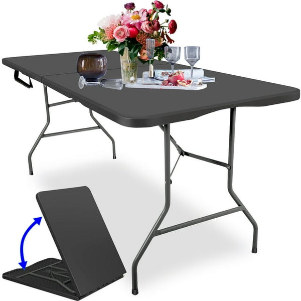 6FT Folding Table, Portable Plastic Design with Powder-Coated Steel Legs – Ideal for Picnics, Parties, Office and Camping – Convenient Carry Handle for Easy Transportation, Black