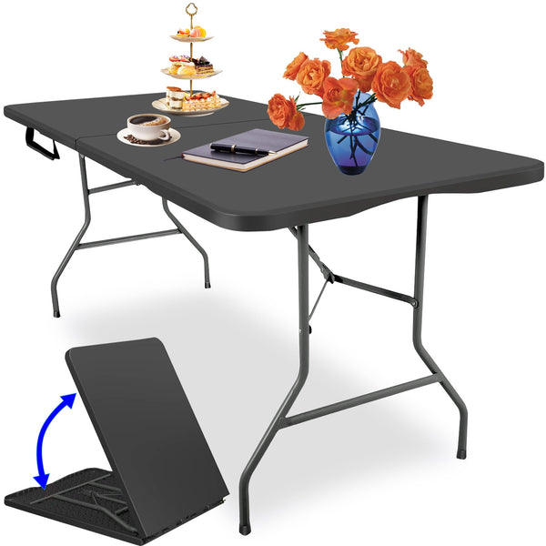 6FT Folding Table, Portable Plastic Design with Powder-Coated Steel Legs – Ideal for Picnics, Parties, Office and Camping – Convenient Carry Handle for Easy Transportation, Black