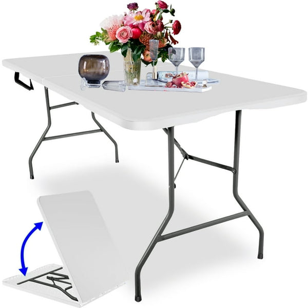 6FT Folding Table, Portable Plastic Design with Powder-Coated Steel Legs – Ideal for Picnics, Parties, Office and Camping – Convenient Carry Handle for Easy Transportation, White