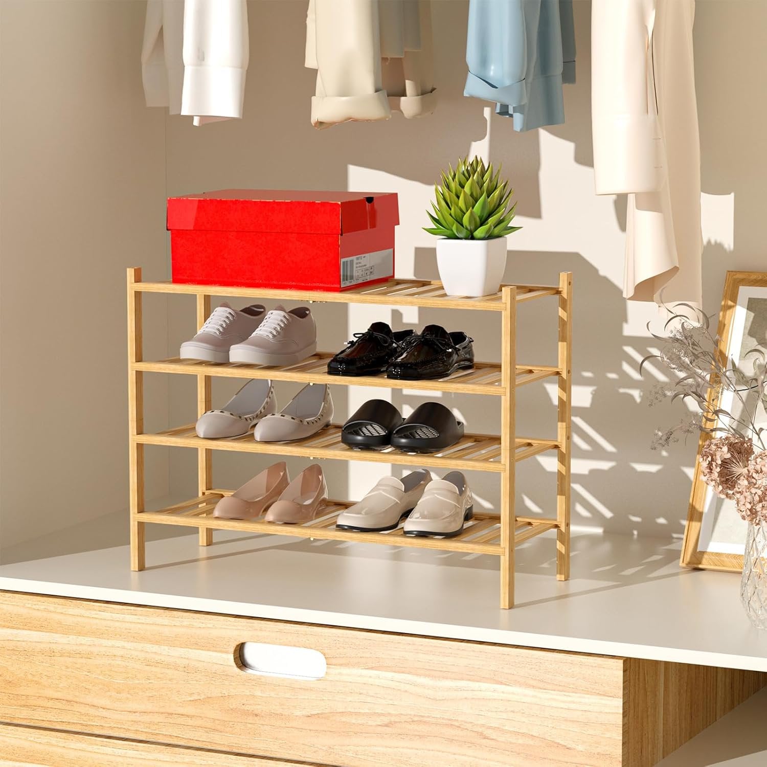 4-Tier Natural Bamboo Shoe Rack - Stackable Storage Shelf with Multi-Function Combinations - Free Standing Shoe Racks for Convenient Shoe Organization（Natural） 11" D x 27" W x 28" H