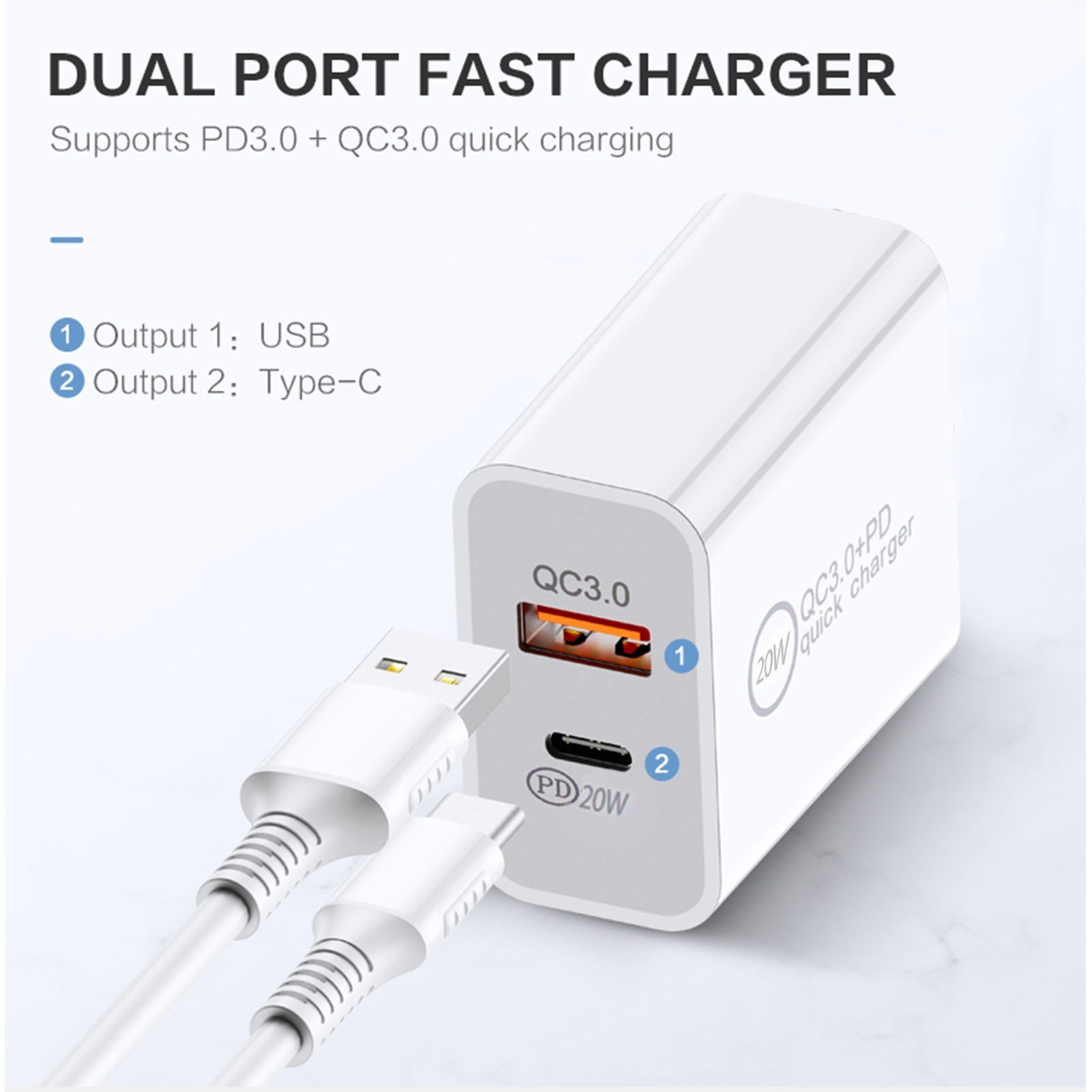 Suproot Fast 20W Dual Ports Wall Charger, PD and QC3.0 port Quick Charger, Compatible with iPhone, iPad, Samsung, Google Pixel and More