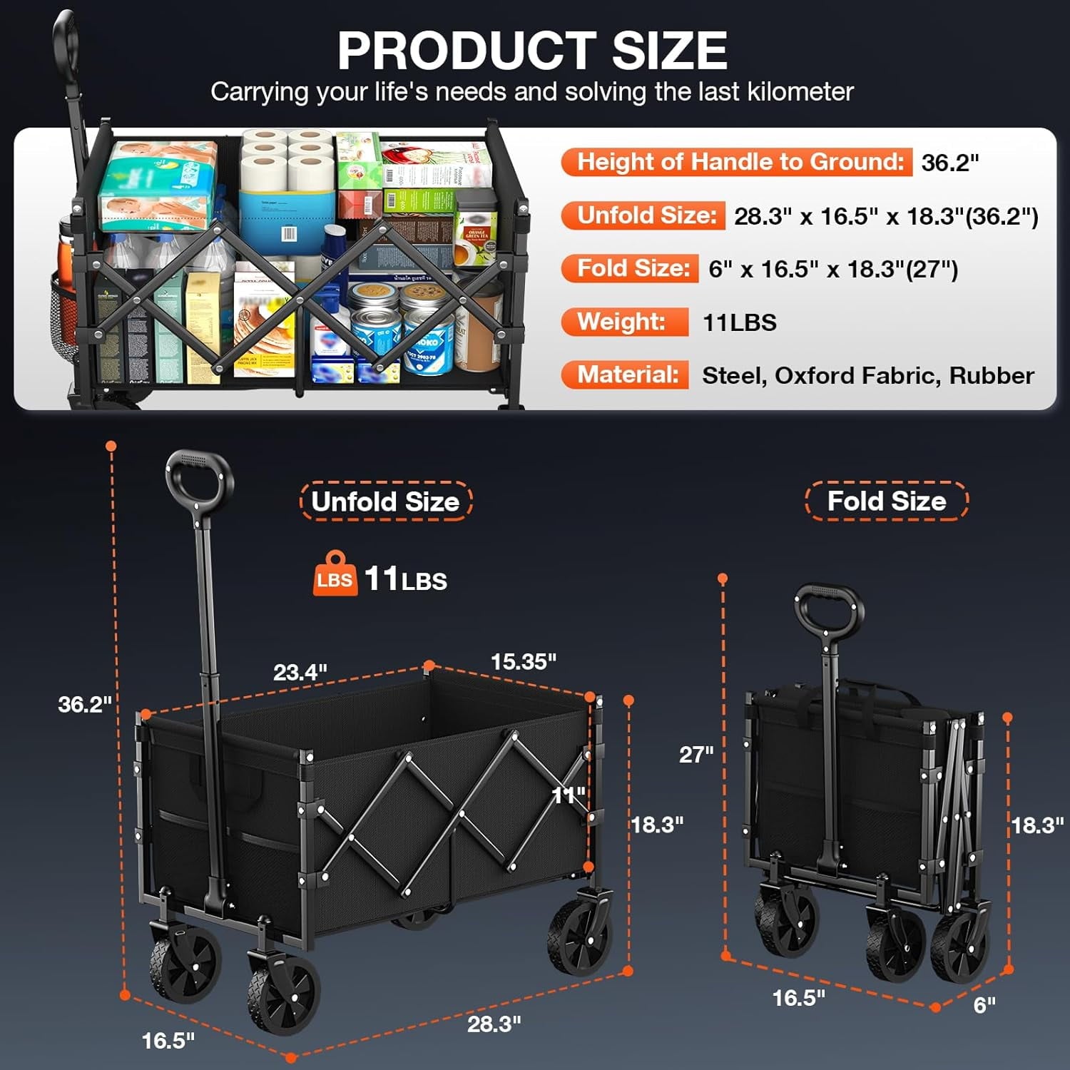 Portable Foldable Wagon Cart, Heavy Duty Beach Cart - All Terrain Wheels, Collapsible Design, Black