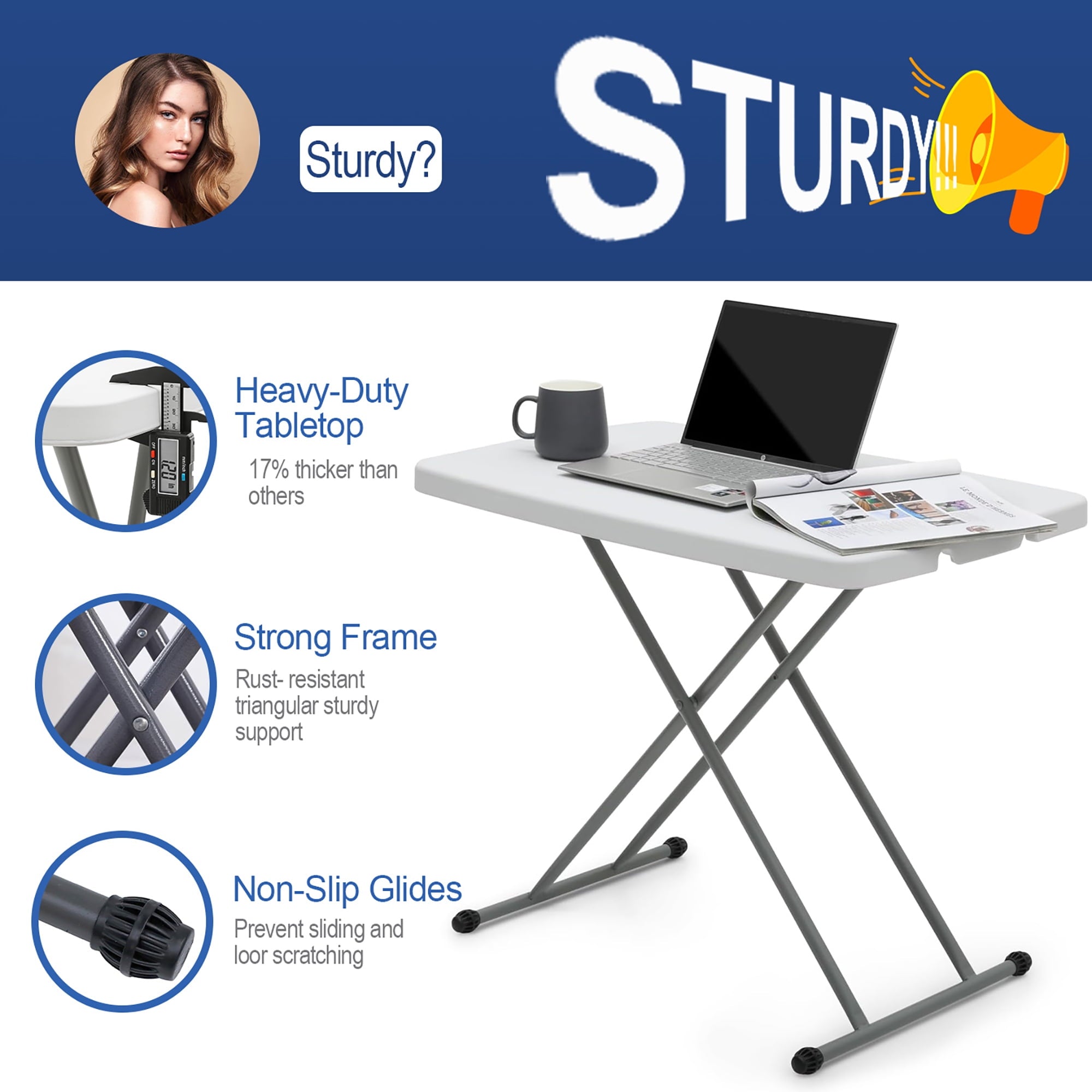 Adjustable Folding TV Tray Table - Small Foldable Laptop Tray for Home & Travel - Space Saving, Easy Storage - 30 Inch, Lightweight Design, White