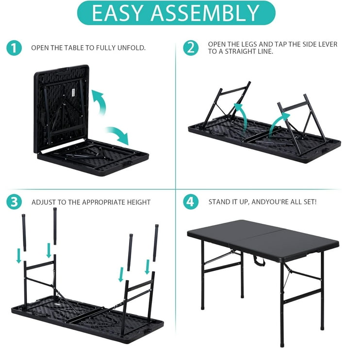 Camkey Fold-in-Half Banquet Table w/Handle, 4 ft, Black