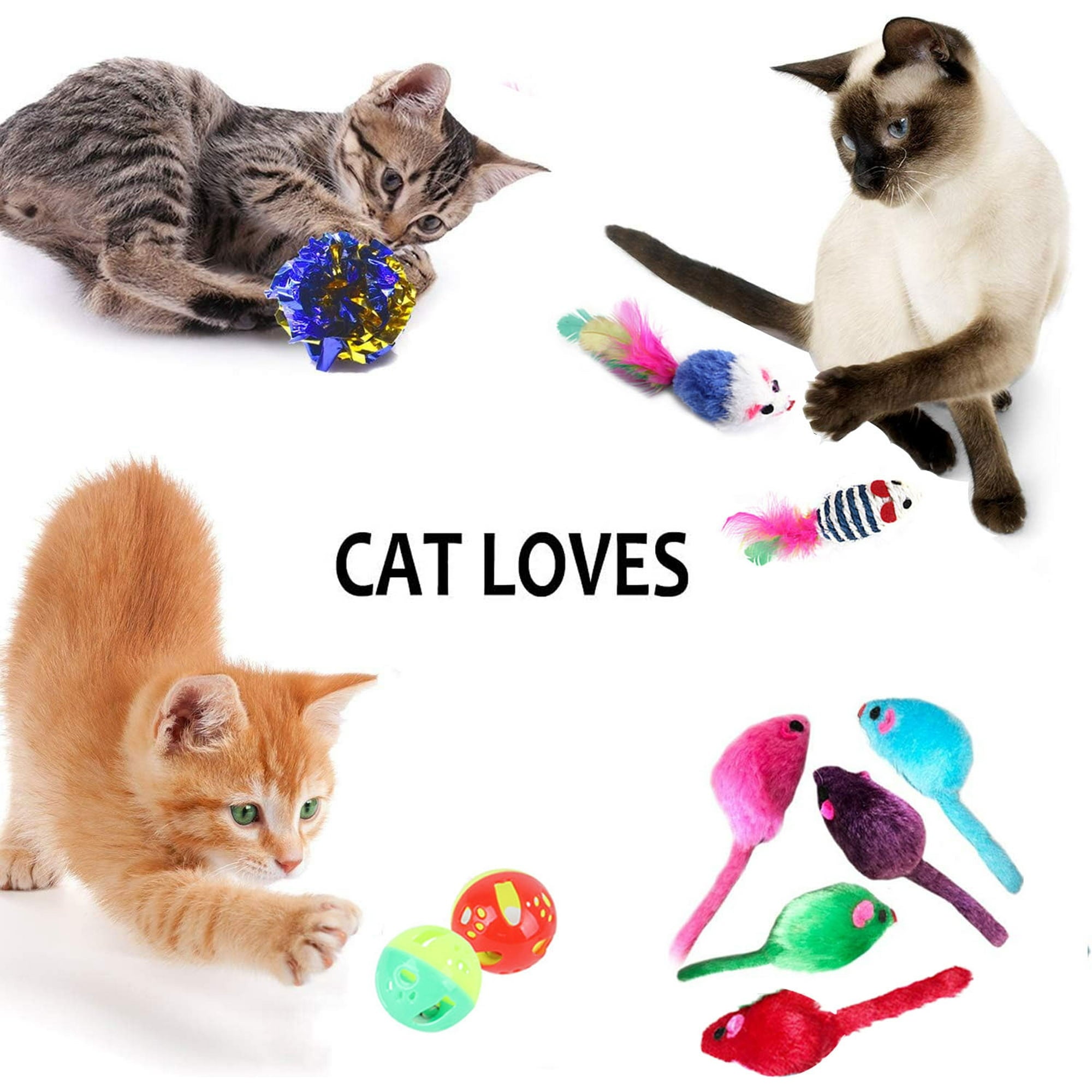 Petimi Cat Toys Set, 15 Pcs of Interactive Toys for Cats, Cat Retractable Teaser Wand, Fluffy Mice, Toy Fish, Bell Ball, Crinkle Balls