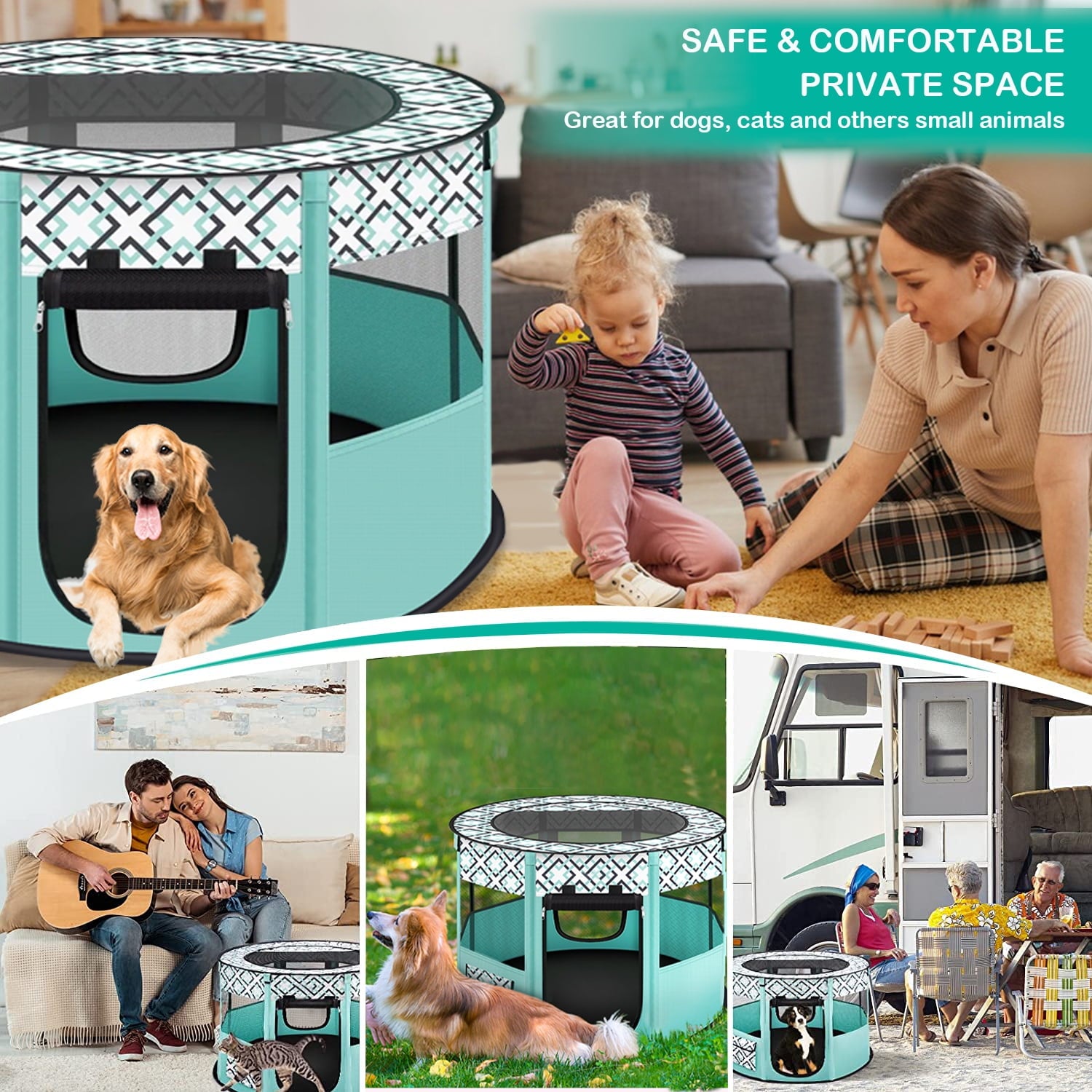 PETIMI Portable Pet Playpen, Foldable Dog Playpen Cat Playpen, Pet Tent for Indoor Outdoor Travel Camping Use - Green, Medium