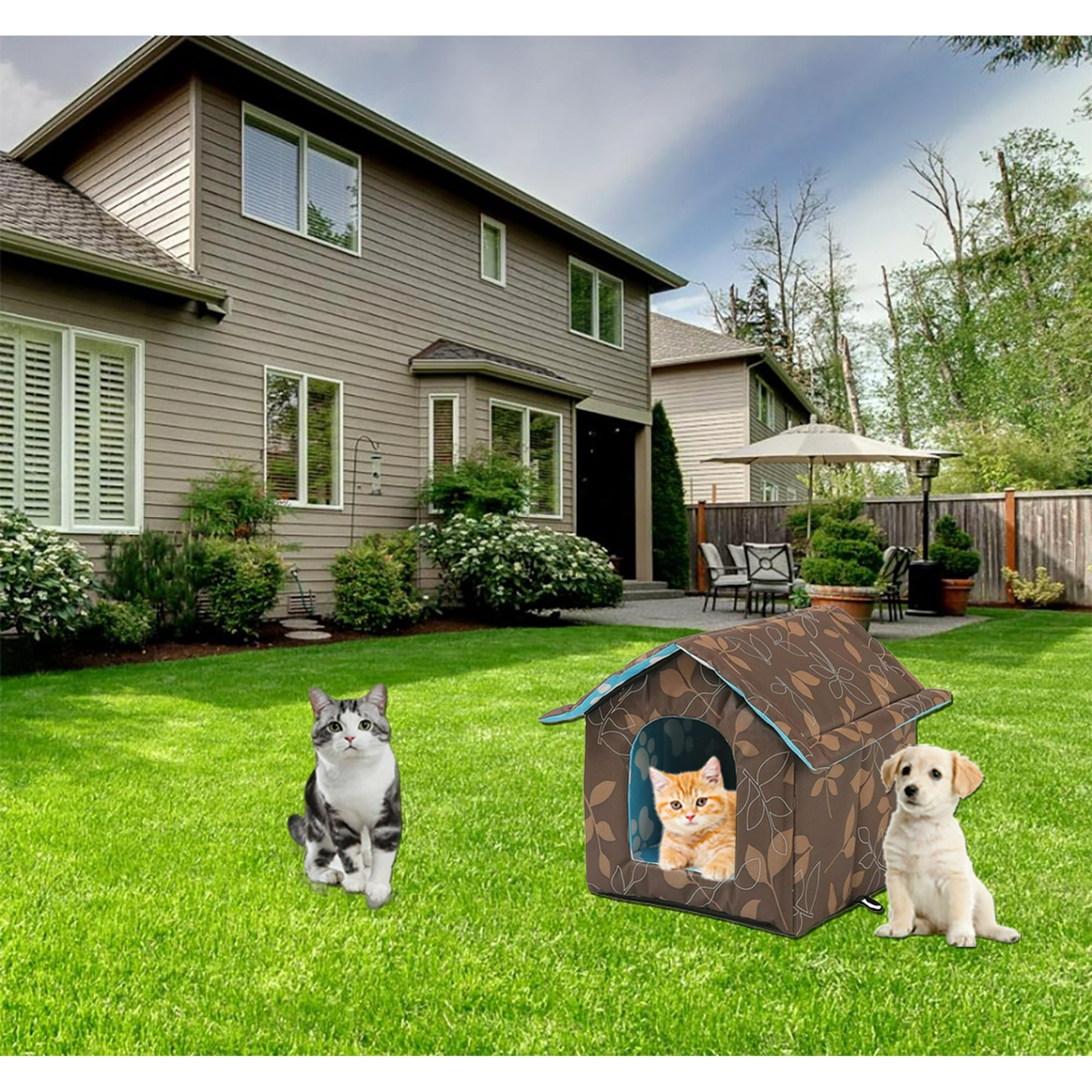 PETIMI Outdoor Cat House, Foldable Cat Bed Cave, Easy to Assemble Cat Tent, Weatherproof Shelter for Cats Dogs - Brown, Large