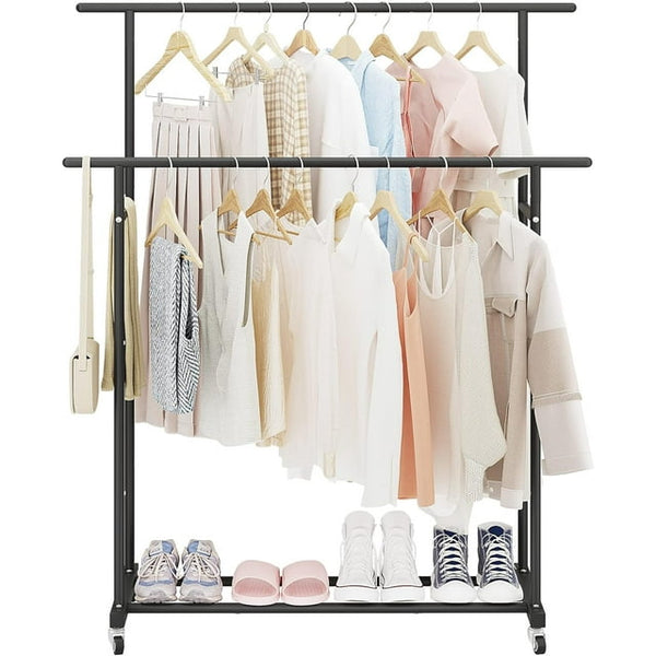 79" Clothes Rack Heavy Duty Load 400Lbs, Rolling Clothing Racks for Hanging Clothes, Commercial Garment Rack, Collapsible ＆ Portable Clothes Rack with Wheels and Adjustable Shelves