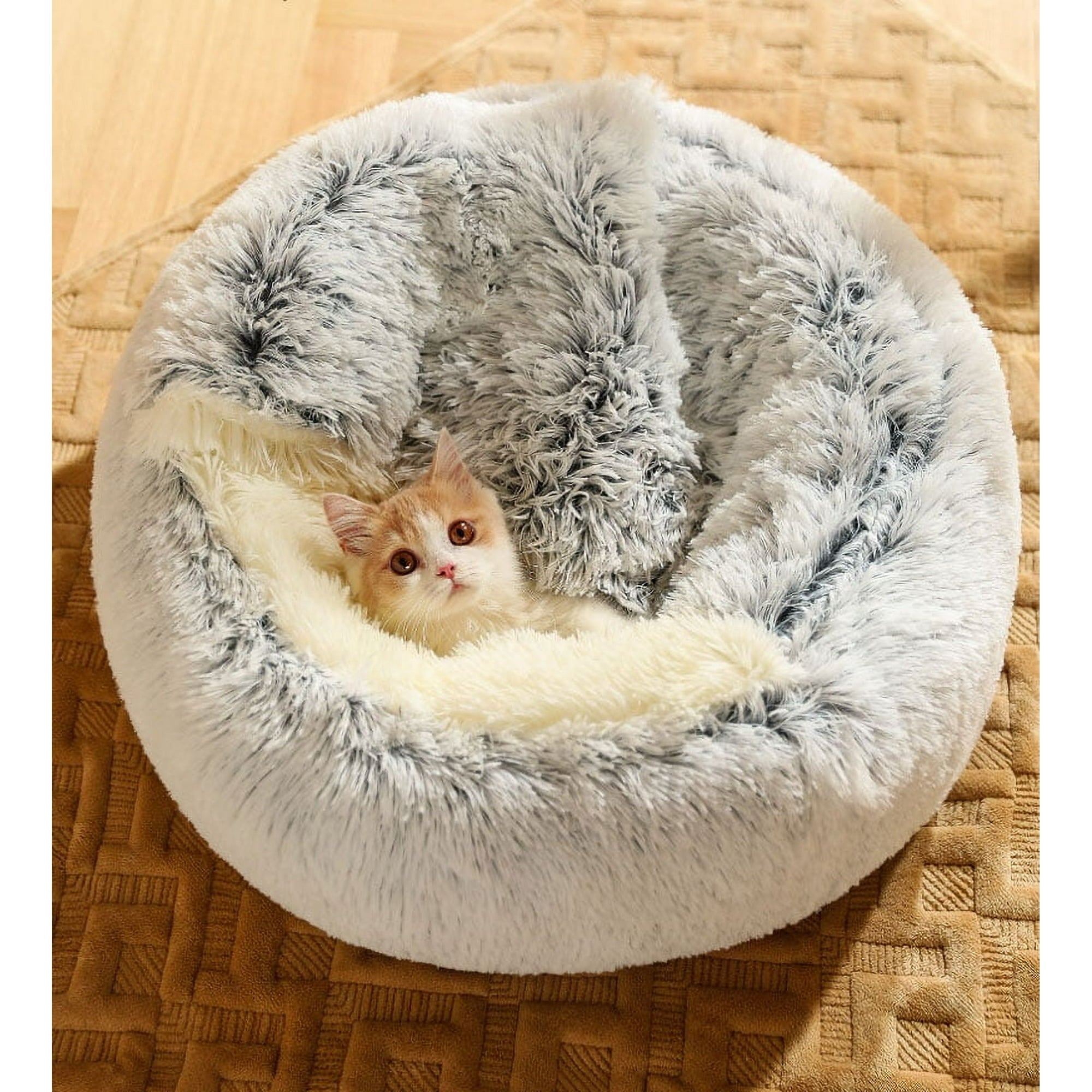Petimi Cat Bed, Round Cat Bed with Cover, Fluffy Long Plush Cat Bed for Cats and Small Dogs, 25.6''