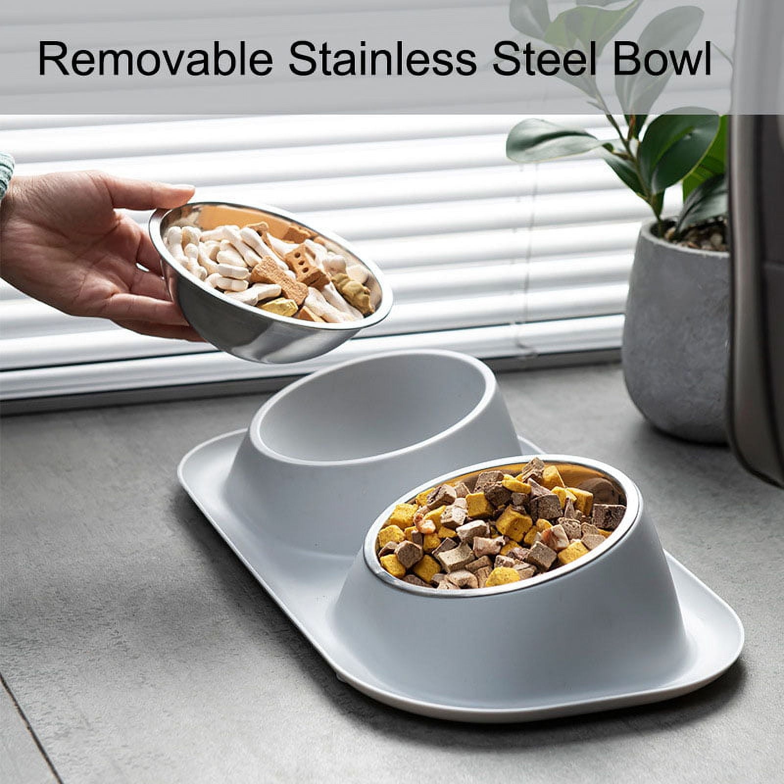 PETIMI Cat Bowl, Small Dog Bowls, Cat Food Bowl with 2 Removable Stainless Steel Feeding Bowls, Suitable for Small and Medium Sized Pets（Gray）