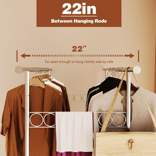 Clothes Rack Heavy Duty Load 300Lbs, Rolling Clothing Racks for Hanging Clothes, Commercial Garment Rack, Collapsible ＆ Portable Clothes Rack with Wheels and Adjustable Shelves