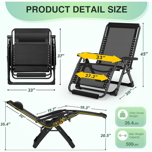 Oversized Zero Gravity Chair,33In XXL Lounge Chair w/Removable Cushion&Headrest, Reclining Camping Chair w/Upgraded Lock and Footrest, Reclining Patio Chairs Recliner for Indoor Outdoor,500LBS