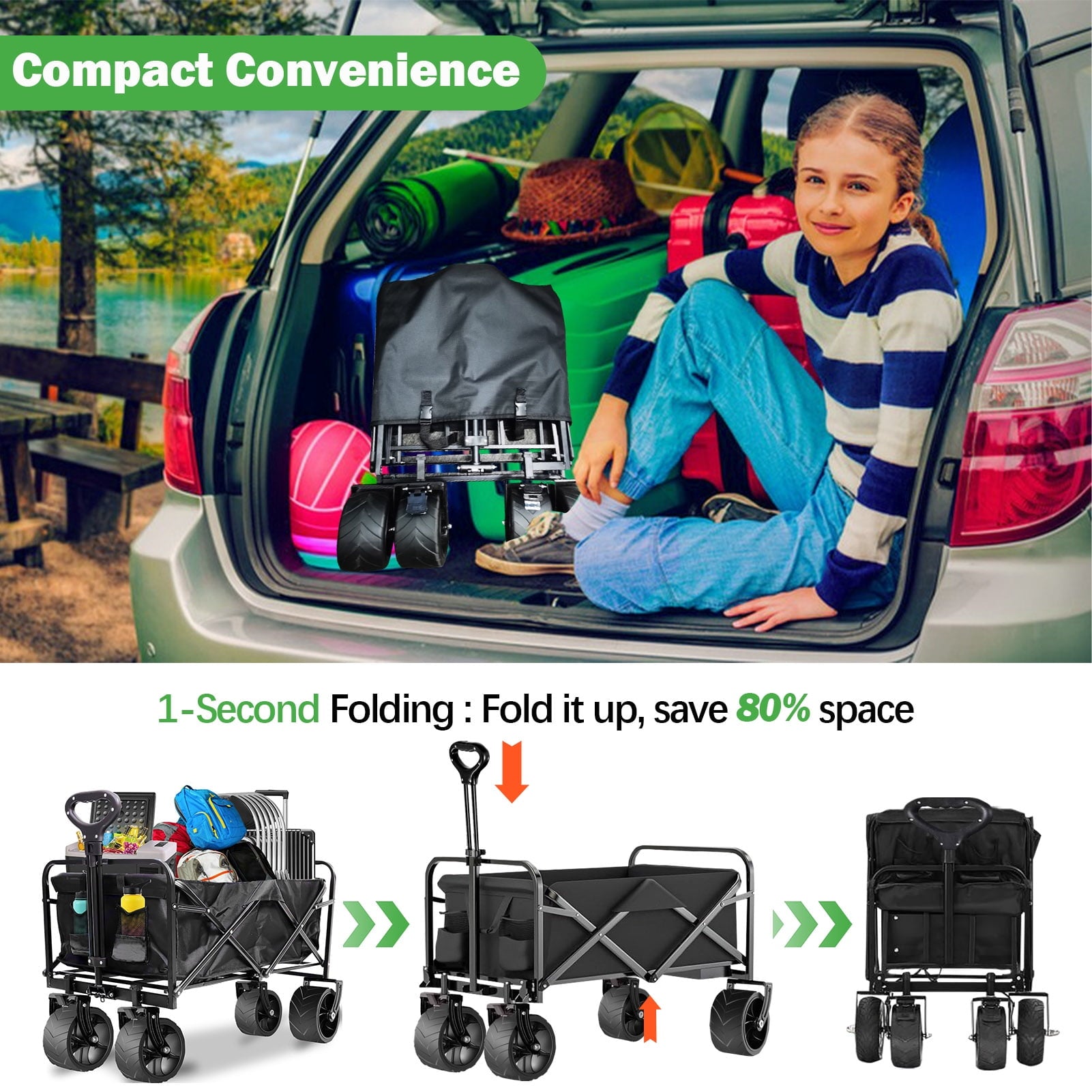 Heavy Duty Collapsible Folding Wagon Cart - All Terrain Utility Garden Cart for Camping Shopping Sports - Foldable Beach Wagon with Wheels, Extra Pocket and Storage Bag, Black