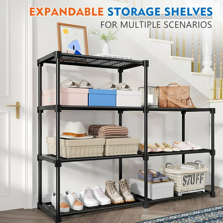 Camkey Storage Shelves with 20 Hooks, 4-Tier Collapsible Organization Storage Rack Bookshelf Folding Pantry Shelves Cube Shelf Wire Shelving Holds 440 Ibs for Garage