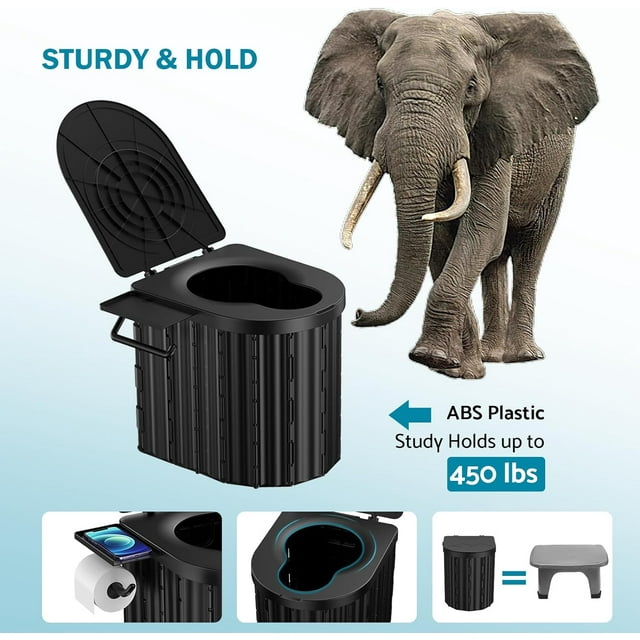 Indoor Outdoor Commode w/Detachable Inner Bucket & Removable Paper Holder, Lightweight & Compact for Camping, Boat, Van, Emergency Use,Black