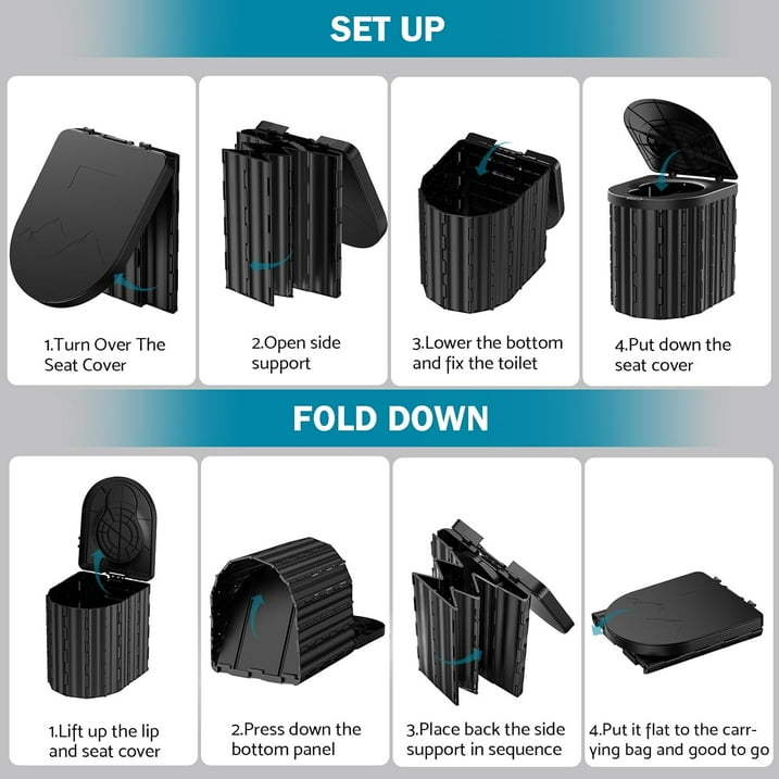 Indoor Outdoor Commode w/Detachable Inner Bucket & Removable Paper Holder, Lightweight & Compact for Camping, Boat, Van, Emergency Use,Black