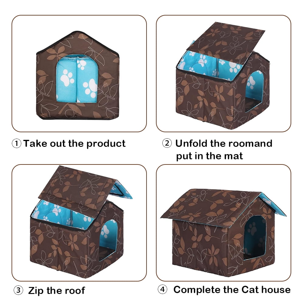 PETIMI Outdoor Cat House, Foldable Cat Bed Cave, Easy to Assemble Cat Tent, Weatherproof Shelter for Cats Dogs - Brown, Medium