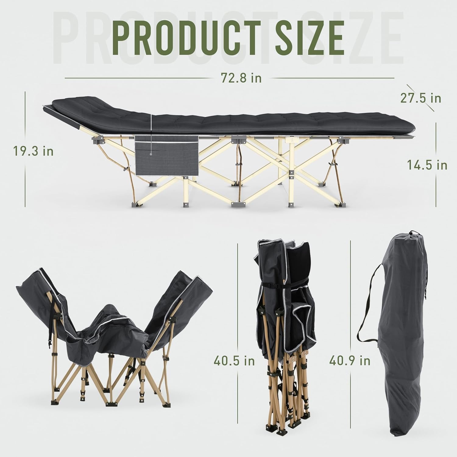 Camping Cot with Carry Bag, Portable Outdoor Folding Chaise Camping Cot for Adult, Heavy Duty Guest Bed with Double Mattress for Travel, Home, Camping, Office, Vacation Nursing