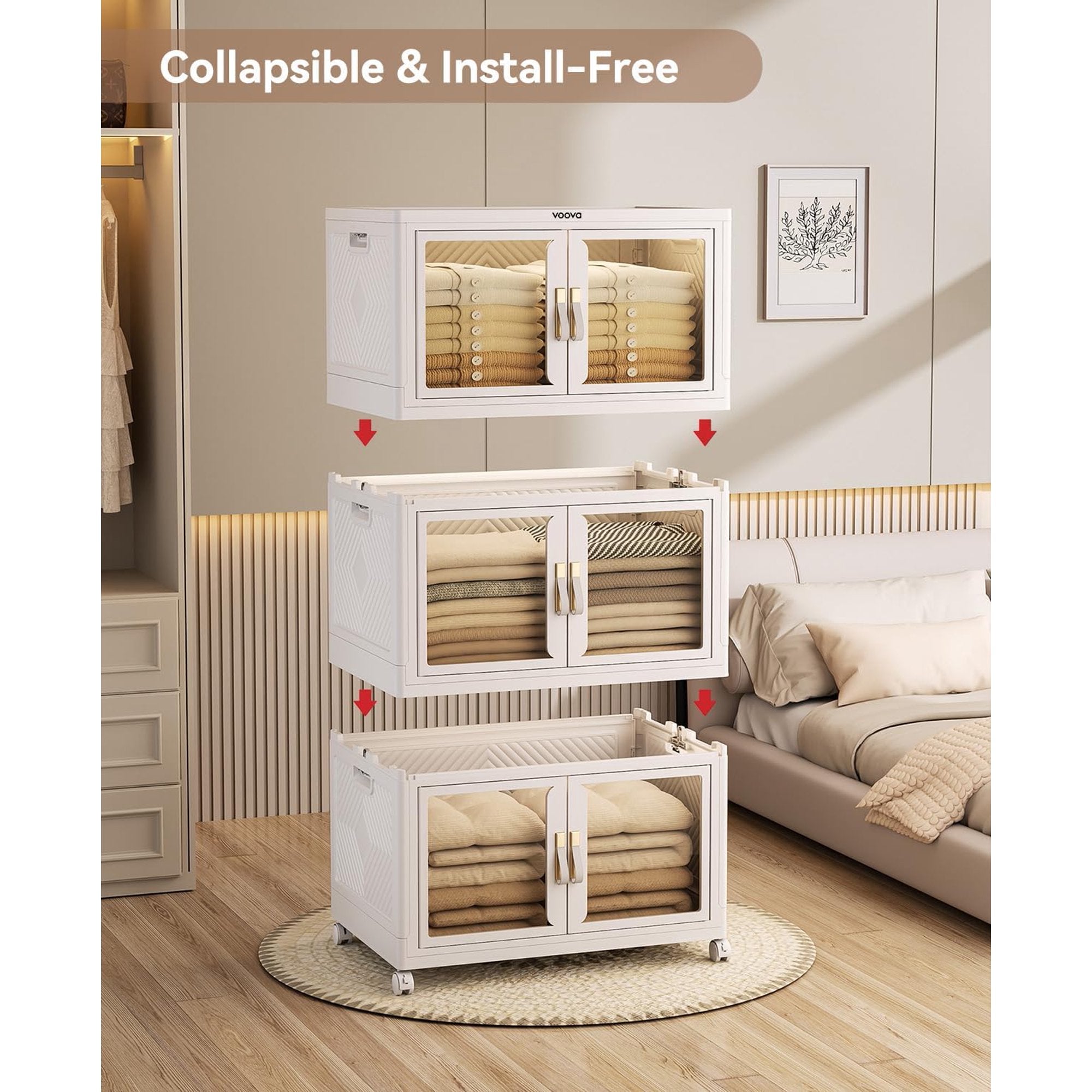 4 Tier Stackable Plastic Storage Bins with Lids 23QT, Collapsible Closet Organizers and Storage with Wheels, Foldable Organization and Storage Cabinet, Storage Containers for Home