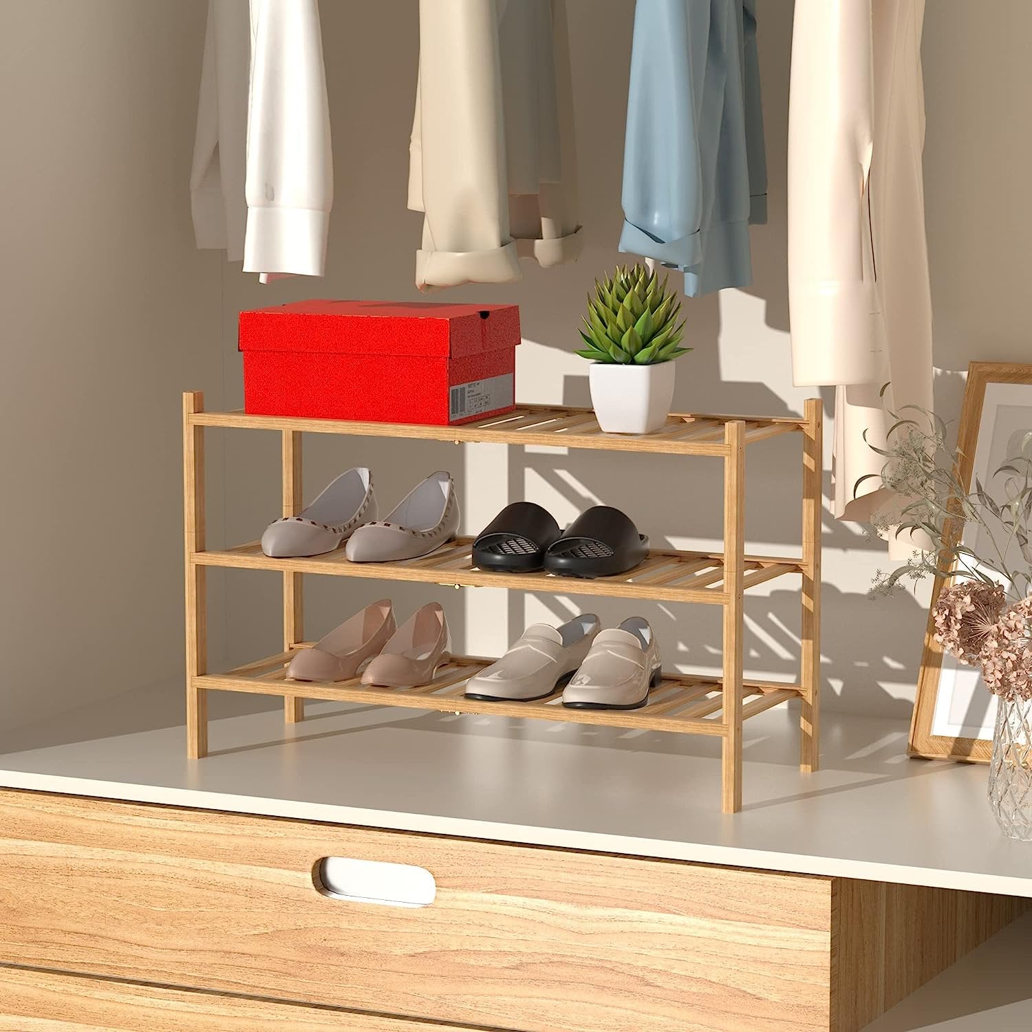 3-Tier Natural Bamboo Shoe Rack - Stackable Storage Shelf with Multi-Function Combinations - Free Standing Shoe Racks for Convenient Shoe Organization（Natural） 11" D x 27" W x 20"