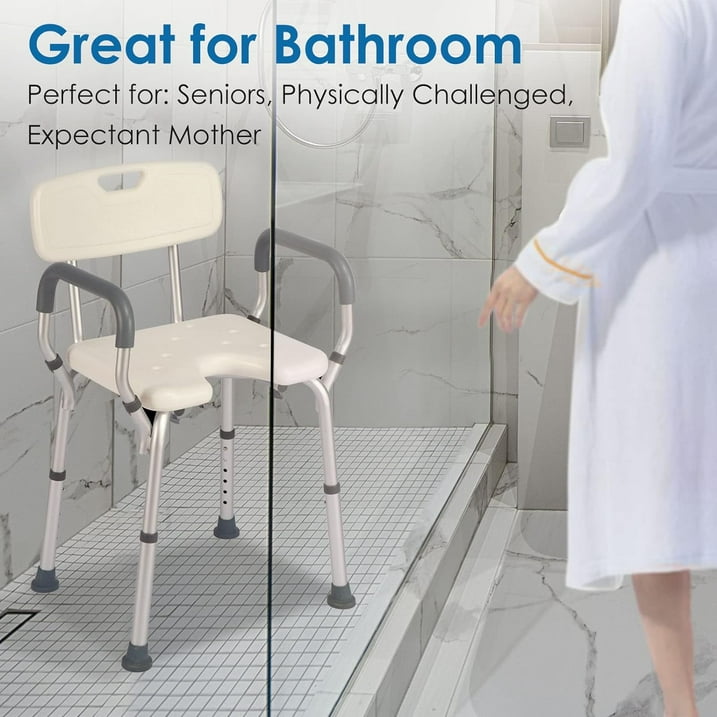 Shower Chair Seat with Padded Armrests and Back Heavy Duty Shower Chair for Bathtub Slip Resistant Shower Seat with Adjustable Height Shower Chair for Inside Shower with 350 lb Capacity
