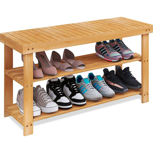 Bamboo Shoe Rack Bench, 3-Tier Shoe Organizer Storage Shelf for Entryway Hallway Bathroom Living Room (Natural)