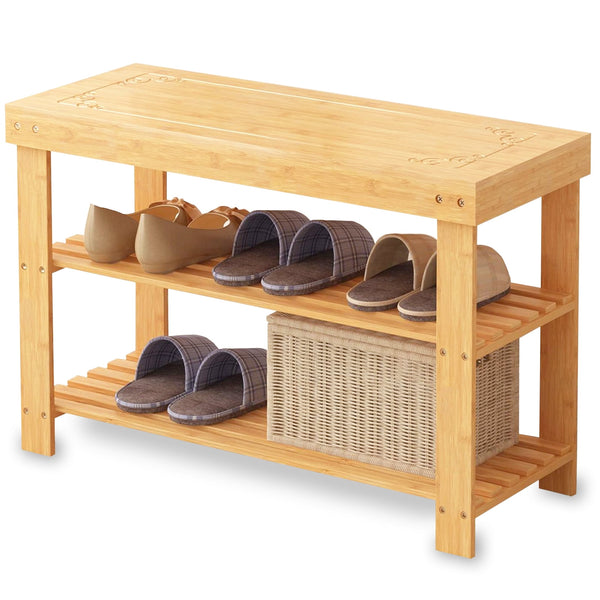 Bamboo Shoe Rack Bench, 3-Tier Entryway Storage Organizer, Wooden Shoe Rack for Front Door, Entryway Shoe Bench for Closet, Bedroom, Living Room, or Hallway