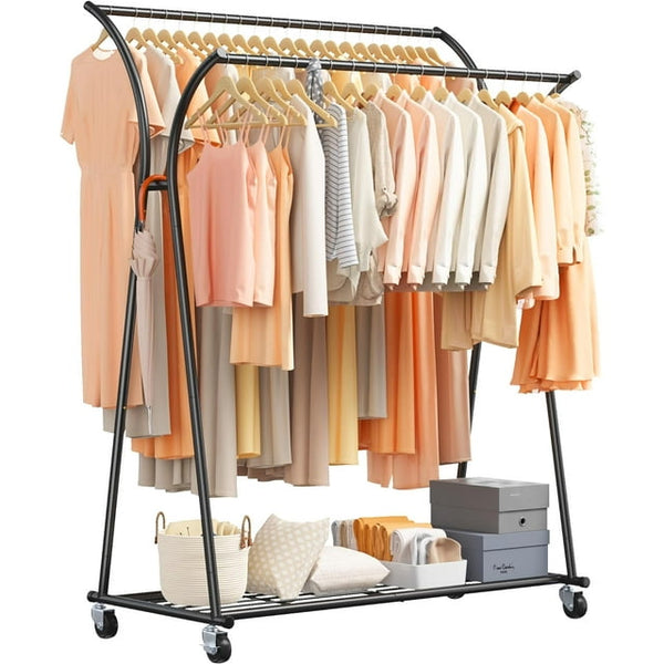 Camkey 59"Clothes Rack Heavy Duty Load 300Lbs, Rolling Clothing Racks for Hanging Clothes, Commercial Garment Rack, Collapsible ＆ Portable Clothes Rack with Wheels and Adjustable Shelves