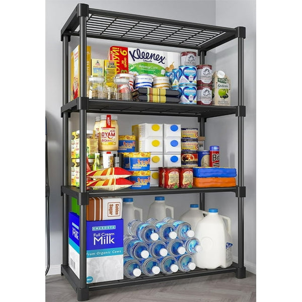 Camkey Storage Shelves with 20 Hooks, 4-Tier Collapsible Organization Storage Rack Bookshelf Folding Pantry Shelves Cube Shelf Wire Shelving Holds 440 Ibs for Garage