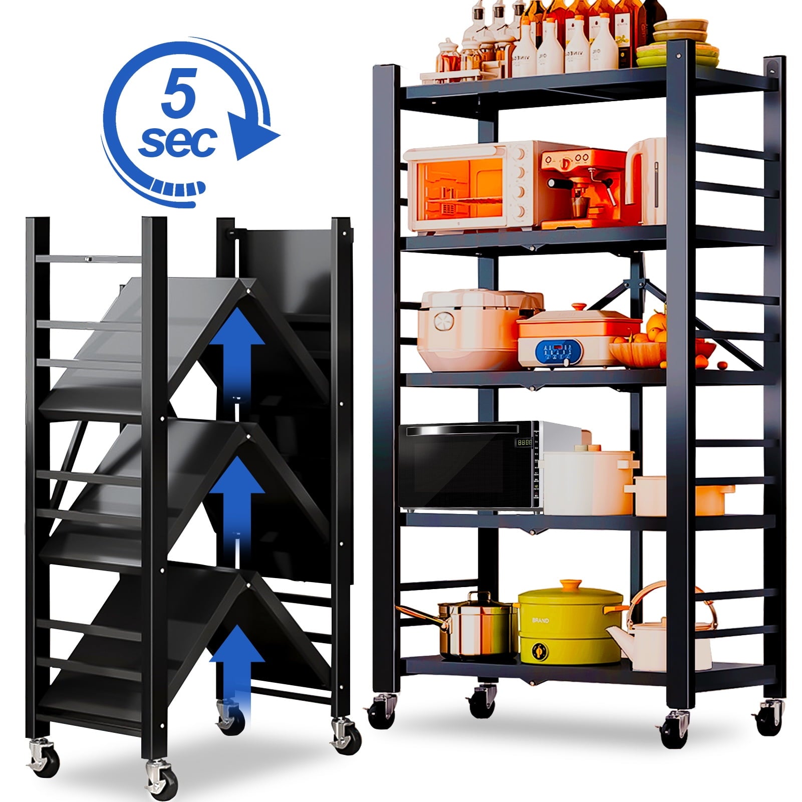 Foldable 5-Tier Metal Rack Shelving Unit, Heavy Duty Garage Storage Shelves, Easy to Move with Wheels, Ideal for Kitchen, Basement, and Pantry Organization, Black